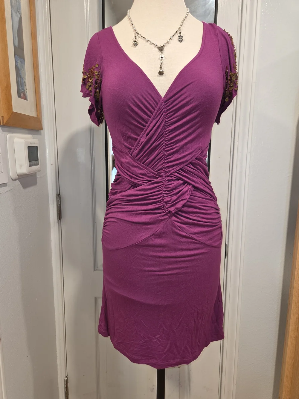 Free People Magenta Ruched V-Neck Midi Dress